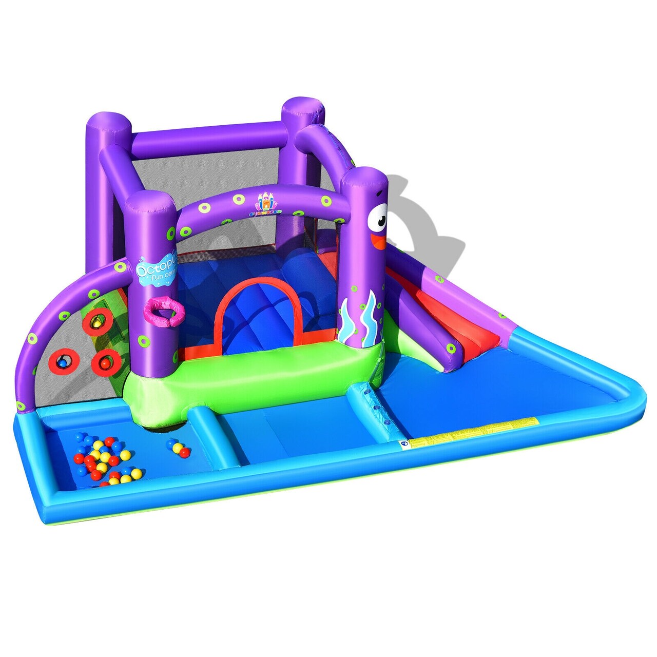 Octopus Inflatable Water Slide Park with Ball Pit and Splash Pool for Kids Purple